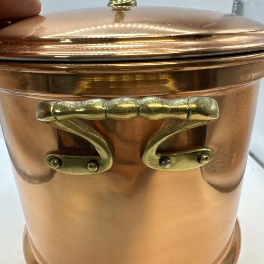 Vintage Copper Storage Canister Stock Pot ice bucket Tin Lining & Brass Handle
